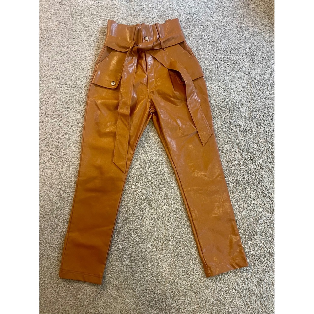 NEW Fate Faux Leather Pants High Waist Paper‎ Bag Tie Belt Brown Size S